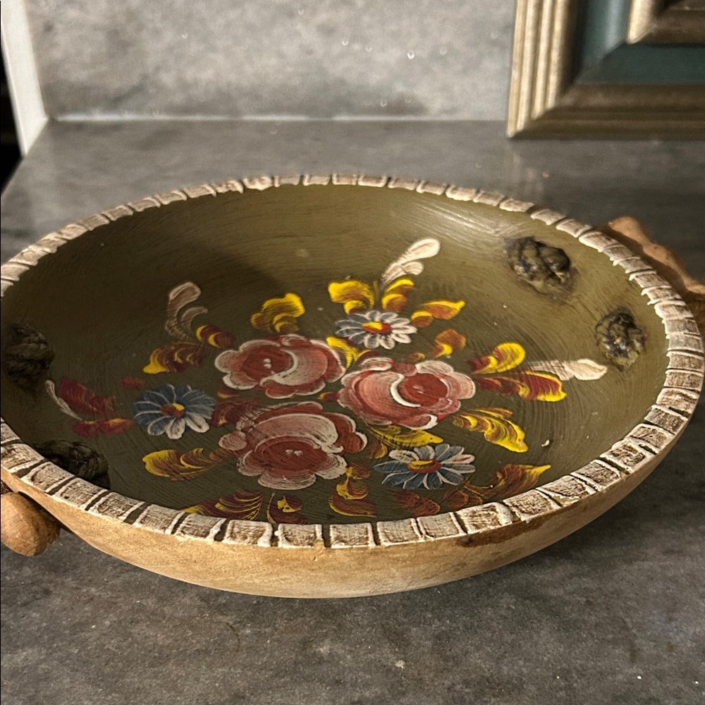 Vintage Green wooden  Bowl with Floral Design